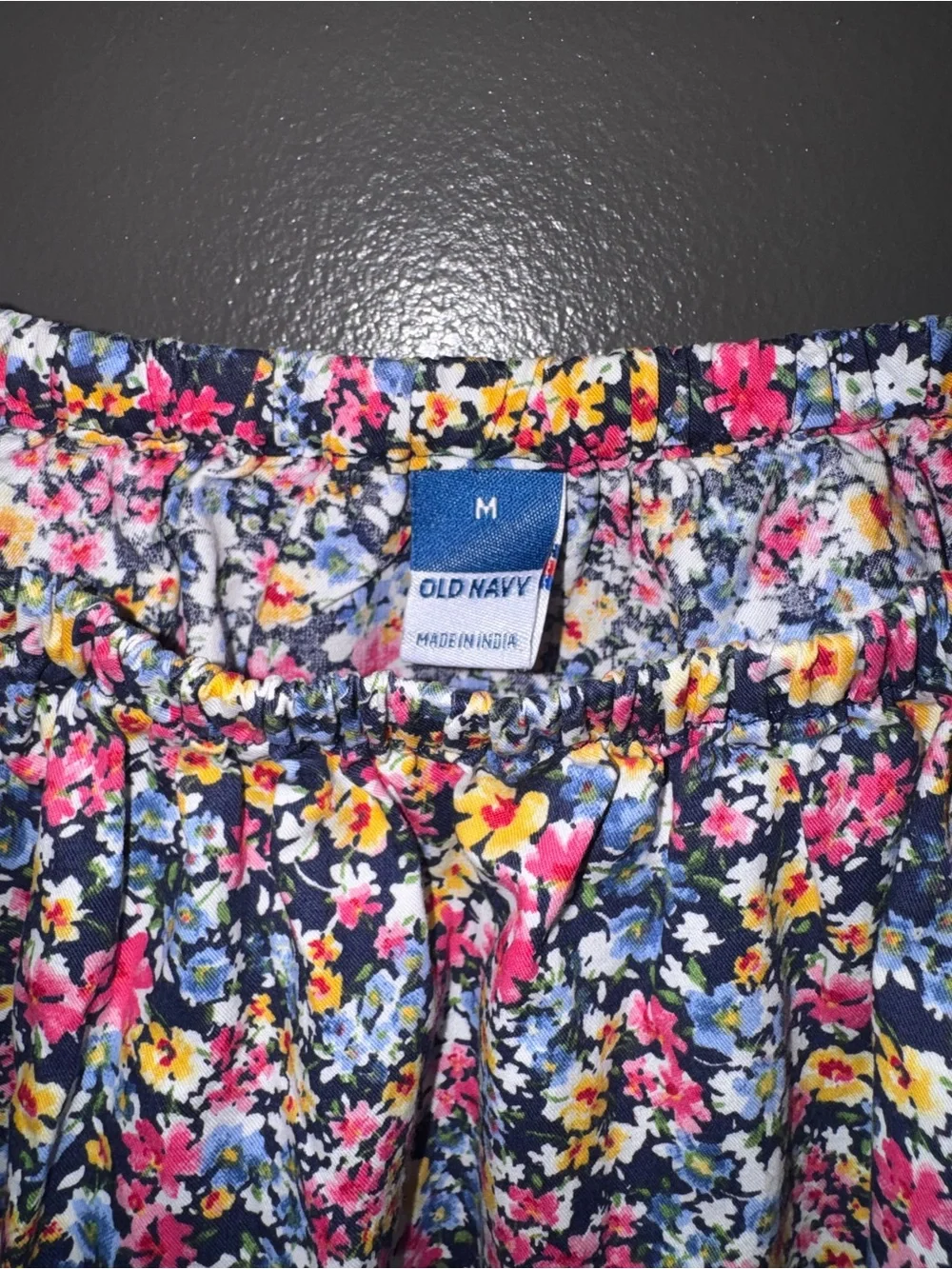 Old Navy Black Floral Puff Sleeve Blouse with Pink and Yellow Accents medium
